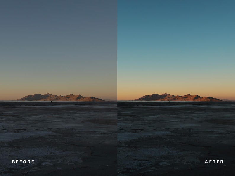 Pu&ograve; includere: Uno schermo diviso che mostra un paesaggio con montagne e un primo piano piatto. Il lato sinistro etichettato BEFORE mostra un cielo spento e desaturato, mentre il lato destro etichettato AFTER presenta un vivido tramonto blu e arancione.