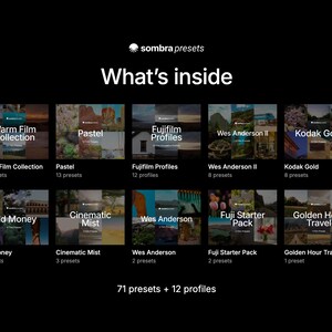 May include: A digital product display titled What's inside by Sombra Presets, featuring ten distinct collections including Warm Film Collection, Pastel, Fujifilm Profiles, Wes Anderson II, Kodak Gold, Old Money, Cinematic Mist, Wes Anderson, Fuji Starter Pack, and Golden Hour Travel, totaling 71 presets and 12 profiles.