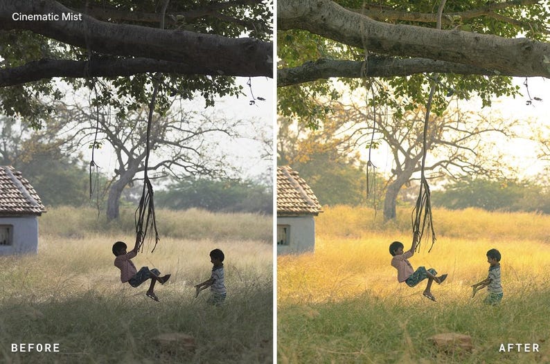 May include: A split-screen comparison showing a before and after photo edit labeled Cinematic Mist. The scene features two children in a grassy field, one on a rope swing hanging from a tree branch, with a small house visible in the background.
