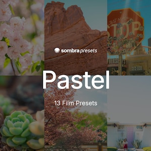 Puede incluir: Un collage digital que presenta seis escenas fotogr&aacute;ficas distintas, incluyendo flores rosas, formaciones rocosas rojas, una se&ntilde;al de stop urbana, suculentas verdes, &aacute;rboles de oto&ntilde;o y un edificio con el texto sombra presets Pastel 13 Film Presets.