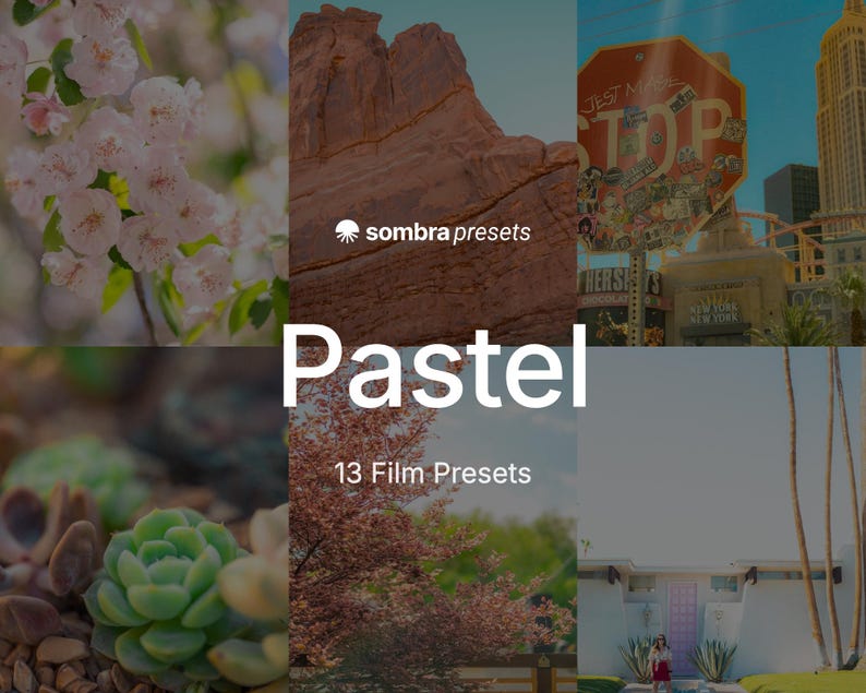 Puede incluir: Un collage digital que presenta seis escenas fotogr&aacute;ficas distintas, incluyendo flores rosas, formaciones rocosas rojas, una se&ntilde;al de stop urbana, suculentas verdes, &aacute;rboles de oto&ntilde;o y un edificio con el texto sombra presets Pastel 13 Film Presets.