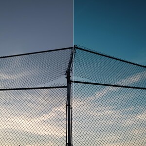 May include: A split-screen comparison showing a chain-link fence against a sky. The left side labeled 'Claro' and 'Before' displays a muted, pale gray sky. The right side labeled 'After' displays a vibrant, deep blue sky with visible clouds.