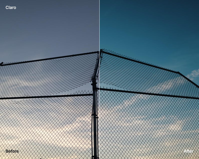 May include: A split-screen comparison showing a chain-link fence against a sky. The left side labeled 'Claro' and 'Before' displays a muted, pale gray sky. The right side labeled 'After' displays a vibrant, deep blue sky with visible clouds.