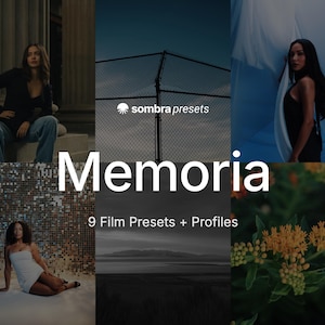 May include: A digital product display titled Memoria 9 Film Presets + Profiles by Sombra Presets, featuring a collage of six photographic images including portraits, a chain-link fence, a landscape, and orange flowers with a dark, moody aesthetic.