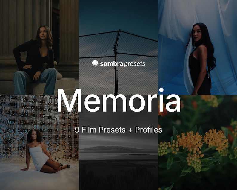 May include: A digital product display titled Memoria 9 Film Presets + Profiles by Sombra Presets, featuring a collage of six photographic images including portraits, a chain-link fence, a landscape, and orange flowers with a dark, moody aesthetic.