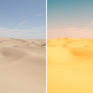 May include: A split image showing a desert landscape before and after a filter application. The left side displays a beige desert under a blue sky. The right side shows the same desert with a yellow hue and a pink sky. The word "BEFORE" is at the bottom left.
