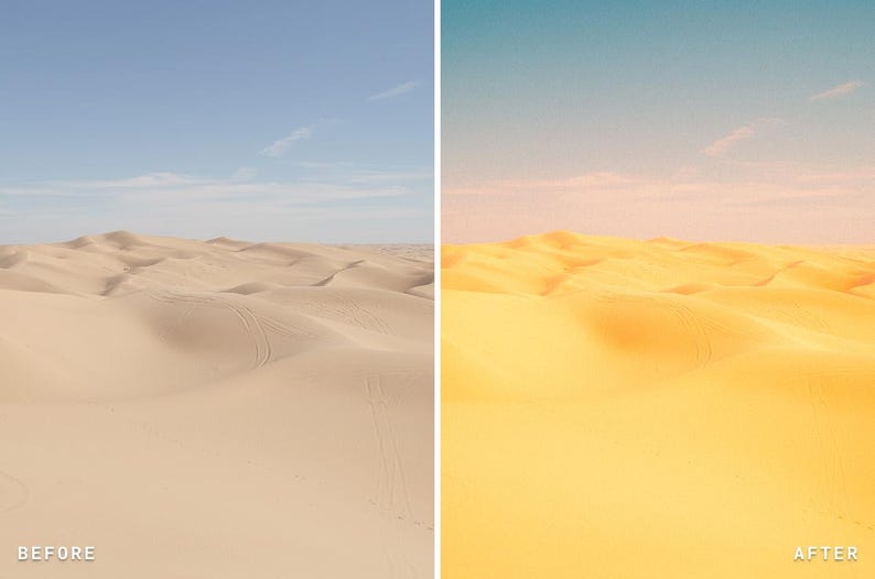 May include: A split image showing a desert landscape before and after a filter application. The left side displays a beige desert under a blue sky. The right side shows the same desert with a yellow hue and a pink sky. The word "BEFORE" is at the bottom left.