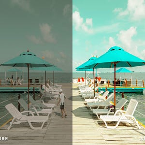 Puede incluir: Imagen de antes y despu&eacute;s de un muelle con sombrillas turquesas y tumbonas blancas. El muelle se extiende hacia el oc&eacute;ano, con una plataforma flotante en el fondo. El cielo es azul claro con nubes blancas esponjosas.