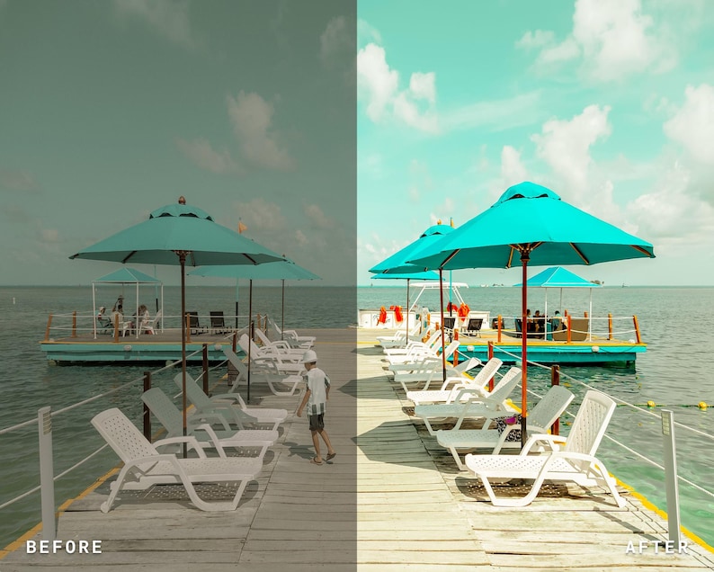 Puede incluir: Imagen de antes y despu&eacute;s de un muelle con sombrillas turquesas y tumbonas blancas. El muelle se extiende hacia el oc&eacute;ano, con una plataforma flotante en el fondo. El cielo es azul claro con nubes blancas esponjosas.