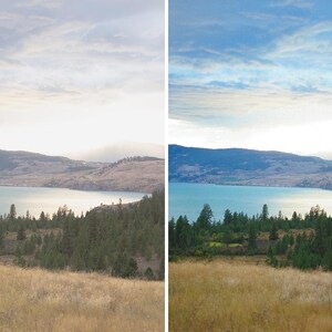 Puede incluir: Una comparativa en pantalla dividida que muestra un paisaje con un lago, pinos y hierba seca. El lado izquierdo est&aacute; etiquetado como BEFORE con tonos p&aacute;lidos. El lado derecho est&aacute; etiquetado como AFTER y muestra un cielo azul vibrante.
