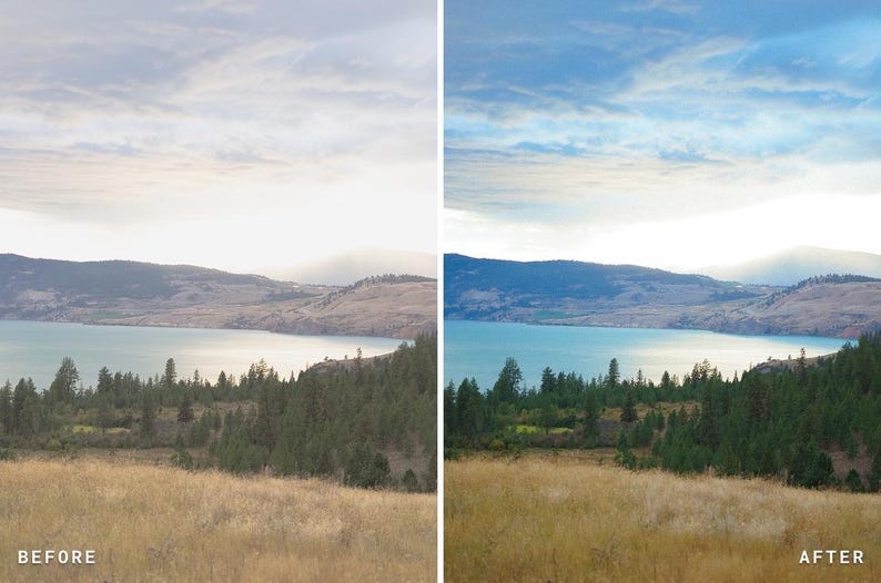 Puede incluir: Una comparativa en pantalla dividida que muestra un paisaje con un lago, pinos y hierba seca. El lado izquierdo est&aacute; etiquetado como BEFORE con tonos p&aacute;lidos. El lado derecho est&aacute; etiquetado como AFTER y muestra un cielo azul vibrante.