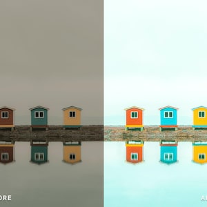 Puede incluir: Imagen de antes y despu&eacute;s de tres coloridas caba&ntilde;as de playa reflejadas en el agua. Las caba&ntilde;as est&aacute;n pintadas en tonos rojos, azules y amarillos, con marcos de ventanas blancos. La imagen "antes" tiene tonos apagados, mientras que la imagen "despu&eacute;s" es vibrante.