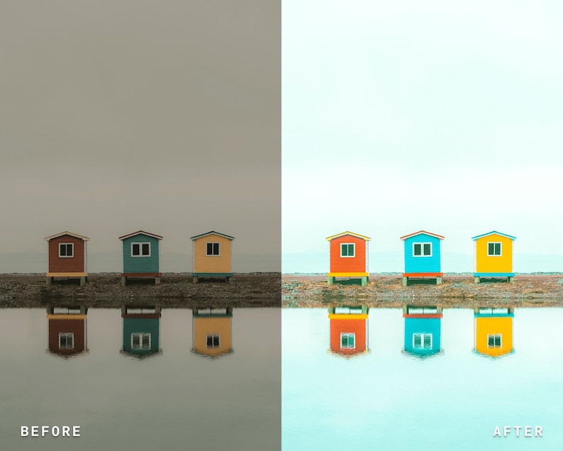 Puede incluir: Imagen de antes y despu&eacute;s de tres coloridas caba&ntilde;as de playa reflejadas en el agua. Las caba&ntilde;as est&aacute;n pintadas en tonos rojos, azules y amarillos, con marcos de ventanas blancos. La imagen "antes" tiene tonos apagados, mientras que la imagen "despu&eacute;s" es vibrante.