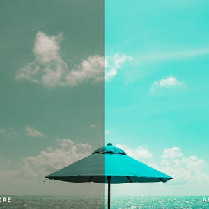 Puede incluir: Imagen dividida que muestra un antes y un despu&eacute;s de una escena de playa. El lado izquierdo es un verde azulado apagado con una sombrilla y el texto "BEFORE". El lado derecho es turquesa brillante con el texto "AFTER".