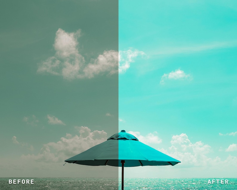 Puede incluir: Imagen dividida que muestra un antes y un despu&eacute;s de una escena de playa. El lado izquierdo es un verde azulado apagado con una sombrilla y el texto "BEFORE". El lado derecho es turquesa brillante con el texto "AFTER".