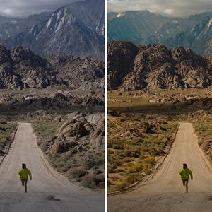 May include: A split-screen comparison showing a runner in a bright lime green jacket on a dirt road leading toward rocky mountains. The left side displays a cool-toned image, while the right side shows the same scene with warm, golden-toned lighting.