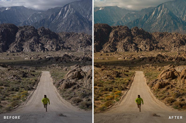 May include: A split-screen comparison showing a runner in a bright lime green jacket on a dirt road leading toward rocky mountains. The left side displays a cool-toned image, while the right side shows the same scene with warm, golden-toned lighting.