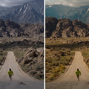 May include: A split-screen comparison showing a person in a bright lime green jacket running up a dirt road toward a mountain range. The left side displays a cool-toned image, while the right side shows a warm, golden-toned version of the same scene.