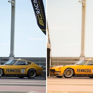 May include: A yellow Datsun sports car with Pennzoil branding and the number 1 on the side door, parked outdoors. A tall pole with a BC Racing banner stands behind the vehicle. The image shows a before and after comparison of color editing.