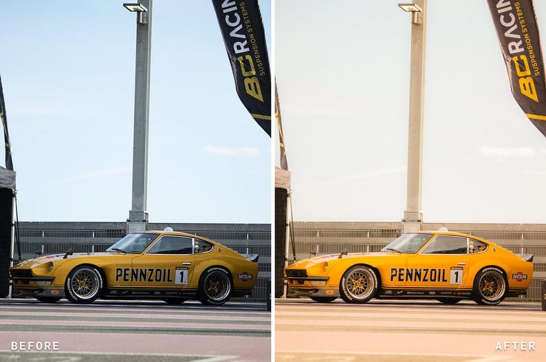 May include: A yellow Datsun sports car with Pennzoil branding and the number 1 on the side door, parked outdoors. A tall pole with a BC Racing banner stands behind the vehicle. The image shows a before and after comparison of color editing.