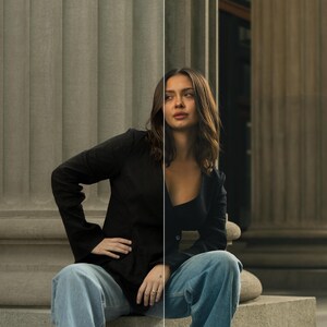 May include: A split-screen comparison image labeled Musgo, Before, and After, featuring a person wearing a black blazer and light blue denim jeans. The person has shoulder-length brown hair and is positioned in front of large stone columns.