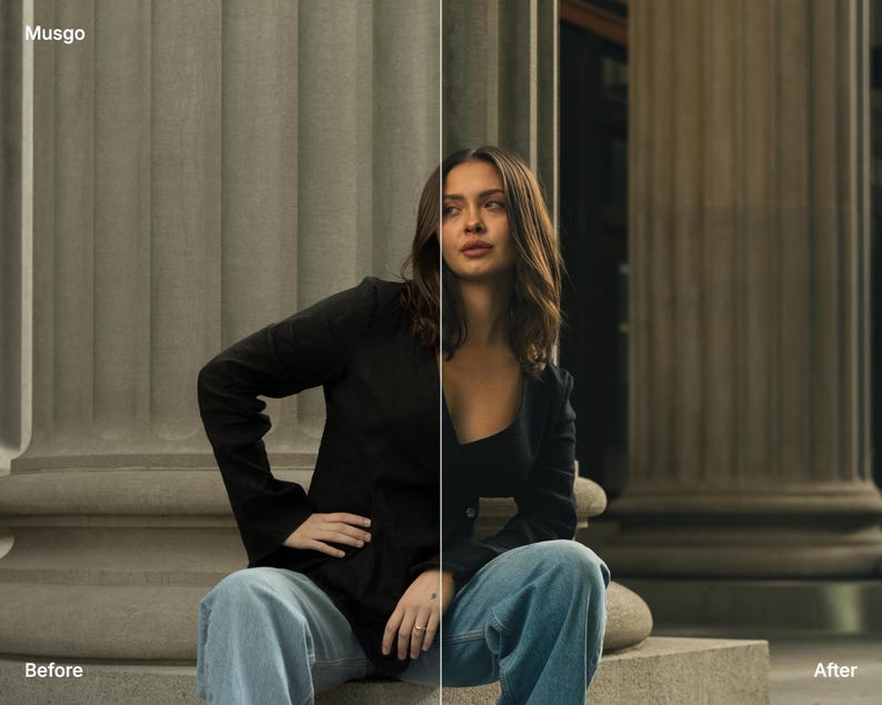 May include: A split-screen comparison image labeled Musgo, Before, and After, featuring a person wearing a black blazer and light blue denim jeans. The person has shoulder-length brown hair and is positioned in front of large stone columns.