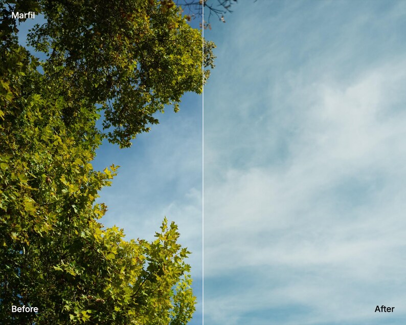May include: A split-screen comparison labeled Marfil with Before on the left showing green tree leaves against a blue sky and After on the right showing a bright blue sky with light clouds, demonstrating a color correction or photo filter effect.