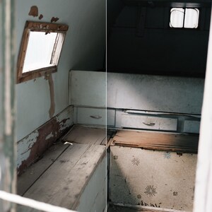 May include: A split-screen view of a camper interior. The left side shows a worn, light blue wooden bench with peeling paint and a window. The right side shows the same space with a floral patterned panel and drawers, labeled Jard&iacute;n, Before, and After.