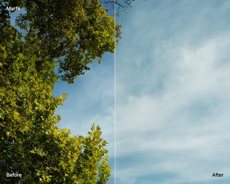 May include: A split-screen comparison labelled Marfil with Before on the left showing green tree leaves against a blue sky and After on the right showing a bright blue sky with light clouds, demonstrating a colour correction or photo filter effect.