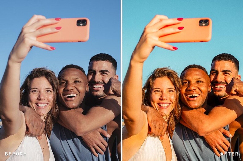 Puede incluir: Una pantalla dividida que muestra a tres personas tom&aacute;ndose una selfie con un tel&eacute;fono inteligente color melocot&oacute;n contra un cielo azul claro. El lado izquierdo muestra un tono natural, mientras que el derecho presenta una edici&oacute;n brillante y saturada.
