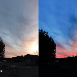 Pu&ograve; includere: Un confronto a schermo diviso che mostra un quartiere residenziale al crepuscolo. Il lato sinistro etichettato BEFORE mostra un cielo pallido e spento. Il lato destro etichettato AFTER presenta un tramonto saturo con toni blu e arancioni.