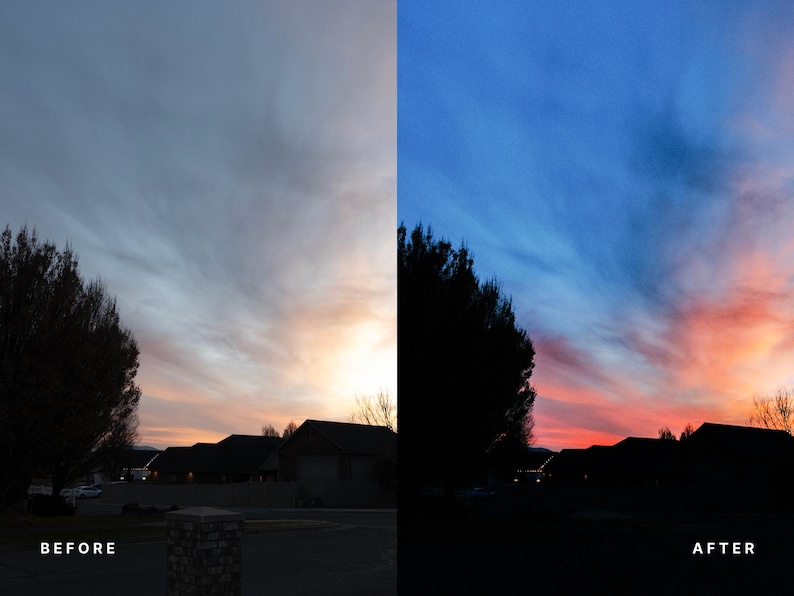 Pu&ograve; includere: Un confronto a schermo diviso che mostra un quartiere residenziale al crepuscolo. Il lato sinistro etichettato BEFORE mostra un cielo pallido e spento. Il lato destro etichettato AFTER presenta un tramonto saturo con toni blu e arancioni.