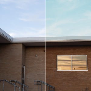 May include: A split-screen comparison of a brick building exterior. The left side labelled 'Before' shows a light brown brick wall under a pale blue sky. The right side labelled 'After' shows the same wall with a warmer, golden-toned brick finish.
