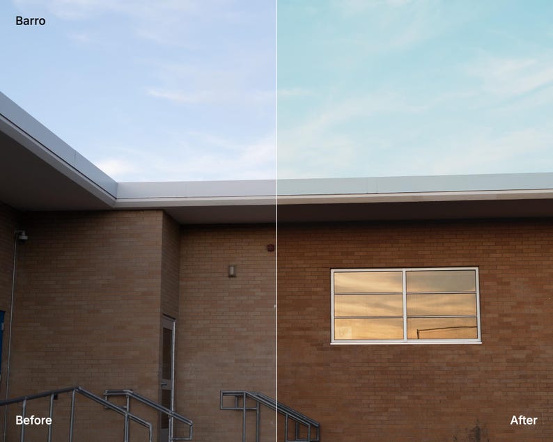 May include: A split-screen comparison of a brick building exterior. The left side labelled 'Before' shows a light brown brick wall under a pale blue sky. The right side labelled 'After' shows the same wall with a warmer, golden-toned brick finish.
