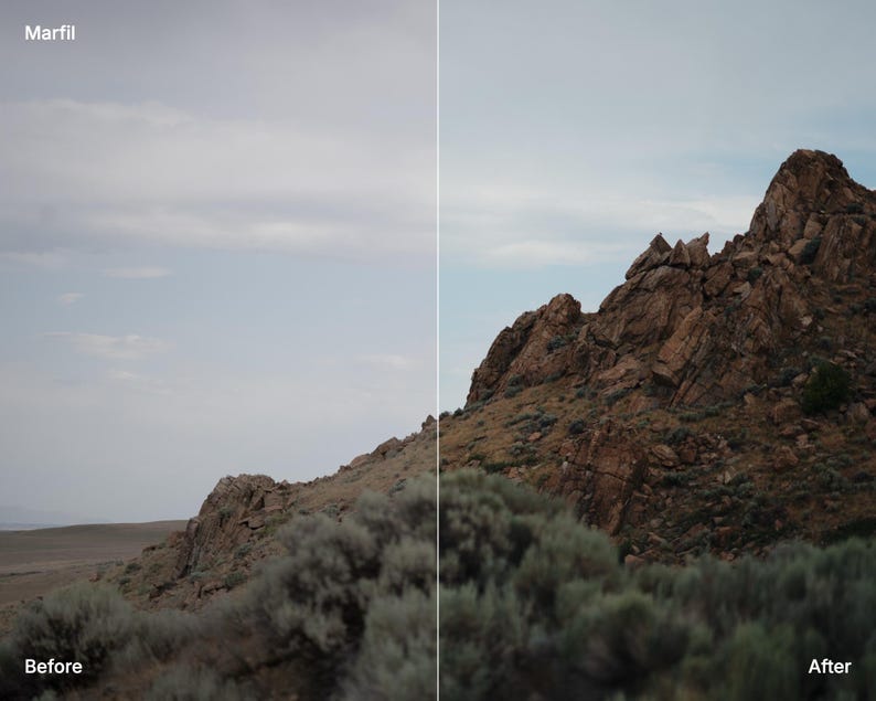 May include: A split-screen comparison labelled Marfil showing a landscape before and after editing. The left side displays a pale, washed-out sky and terrain, while the right side features a vibrant, high-contrast rocky mountain and foliage.