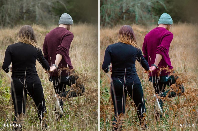 May include: Two individuals walking through a field of tall, dry grass. One wears a black long-sleeved top and black pants, while the other wears a maroon sweater, black pants, and a beanie. The image shows a before and after color edit.
