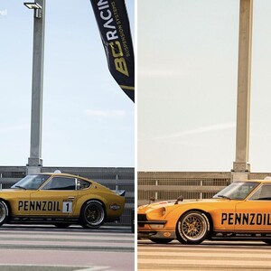 May include: A side view of a gold Datsun sports car with the number 1 and Pennzoil branding on the door. The car features a low profile, multi-spoke wheels, and a sleek aerodynamic body. The image shows a before and after color comparison.