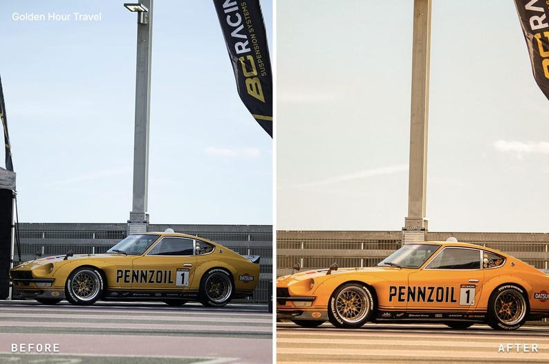 May include: A side view of a gold Datsun sports car with the number 1 and Pennzoil branding on the door. The car features a low profile, multi-spoke wheels, and a sleek aerodynamic body. The image shows a before and after color comparison.