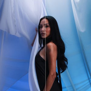 May include: A split-screen comparison showing a person with long dark hair wearing a black sleeveless top. The left side is labeled 'Before' and 'Feria' with a bright white background, while the right side is labeled 'After' with a blue-tinted background.