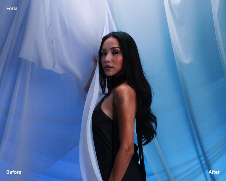 May include: A split-screen comparison showing a person with long dark hair wearing a black sleeveless top. The left side is labeled 'Before' and 'Feria' with a bright white background, while the right side is labeled 'After' with a blue-tinted background.