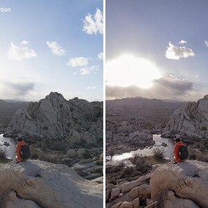 May include: A split-screen comparison labeled Warm Film Collection showing a landscape with a person in an orange jacket and black backpack sitting on a rock overlooking a desert valley with a stream, before and after a photo filter application.