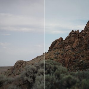 May include: A split-screen comparison labeled Marfil showing a landscape before and after editing. The left side displays a pale, washed-out sky and terrain, while the right side features a vibrant, high-contrast rocky mountain and foliage.