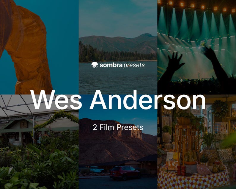 Pu&ograve; includere: Una visualizzazione di prodotto digitale con sei distinte scene fotografiche disposte in una griglia. Il testo centrale recita "sombra presets", "Wes Anderson" e "2 Film Presets" in bianco, sovrapposto a immagini di paesaggi, un concerto e una serra.