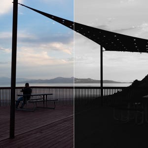 May include: A split-screen comparison showing a wooden deck with a picnic table and a triangular shade sail. The left side labeled Ceniza Before displays a natural outdoor scene, while the right side labeled After shows a high-contrast, desaturated filter.
