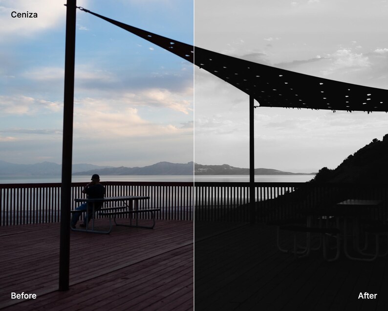 May include: A split-screen comparison showing a wooden deck with a picnic table and a triangular shade sail. The left side labeled Ceniza Before displays a natural outdoor scene, while the right side labeled After shows a high-contrast, desaturated filter.