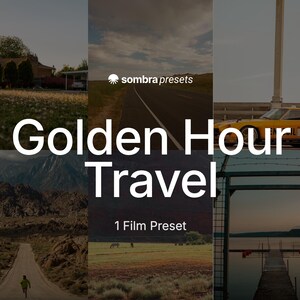 May include: A digital product display featuring six distinct landscape and travel photographs with warm, golden-toned lighting. The text reads sombra presets, Golden Hour Travel, and 1 Film Preset in white, sans-serif font against the image collage.