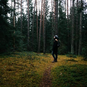 May include: A person wearing a dark jacket, dark trousers, and a dark beanie stands on a narrow dirt path winding through a dense forest. The ground is covered in vibrant green moss, and tall, slender pine trees stretch upward into the dim light.