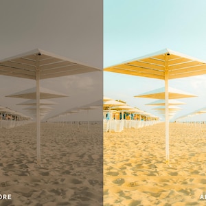 Puede incluir: Una escena de playa con filas de sombrillas blancas con copas cuadradas, sobre una playa de arena y un cielo azul claro. La imagen se divide en dos secciones, etiquetadas como "BEFORE" y "AFTER", mostrando un ajuste de color.
