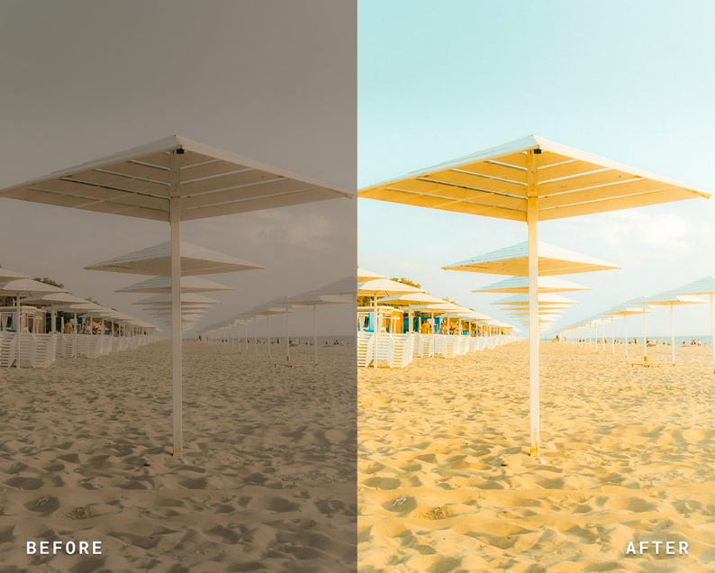 Puede incluir: Una escena de playa con filas de sombrillas blancas con copas cuadradas, sobre una playa de arena y un cielo azul claro. La imagen se divide en dos secciones, etiquetadas como "BEFORE" y "AFTER", mostrando un ajuste de color.