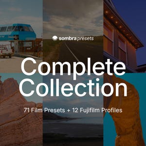 May include: A digital graphic featuring the text "sombra presets" and "Complete Collection" with the subtitle "71 Film Presets + 12 Fujifilm Profiles". The background is a collage of six distinct photographs showing landscapes, a blue tram, and a house.